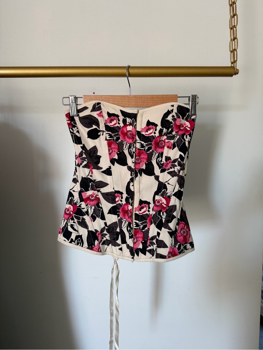 Vintage Floral Strapless Corset Top - Pink & Black on Cream